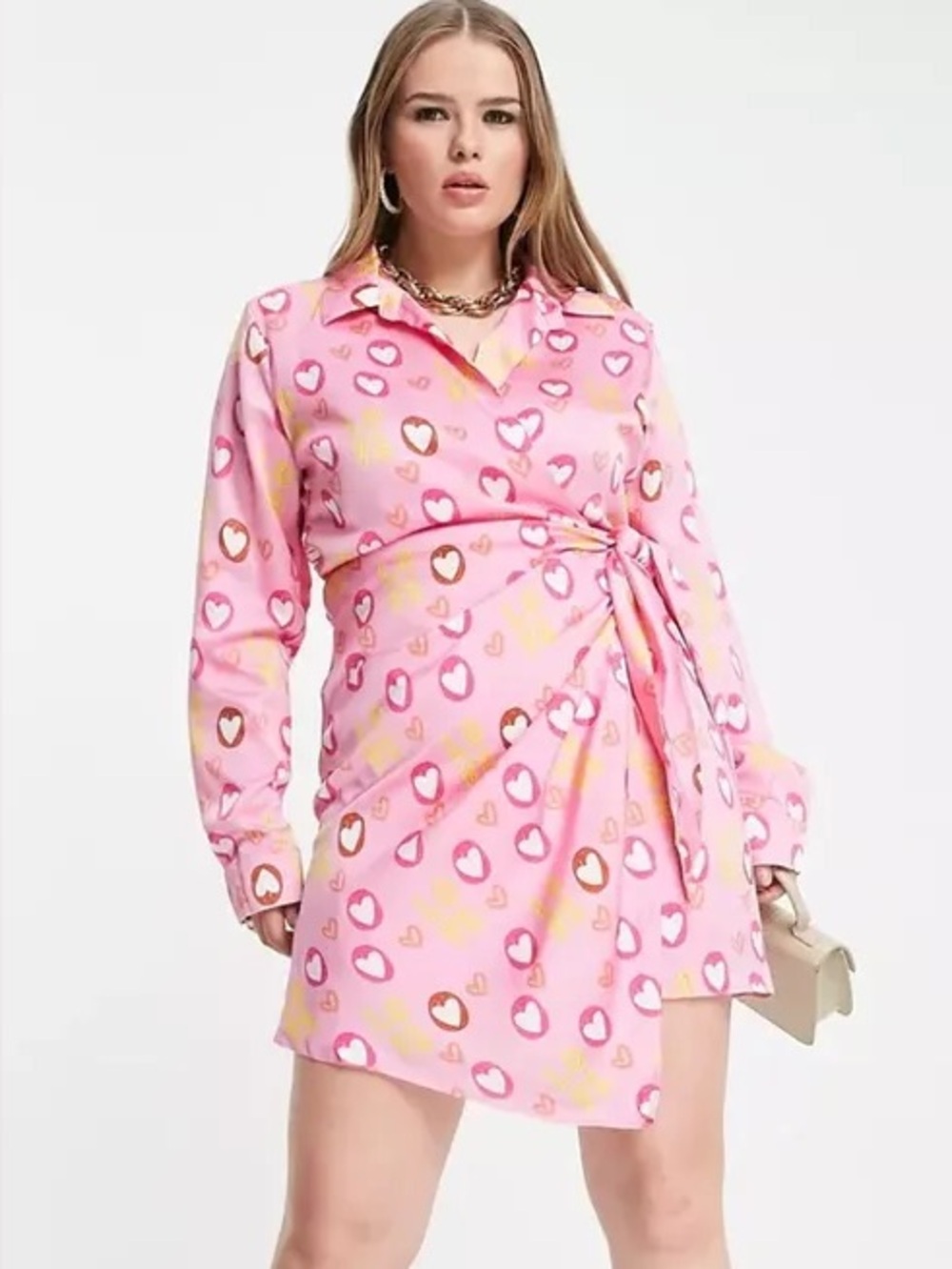 Pink Heart-Print Wrap Shirt Dress